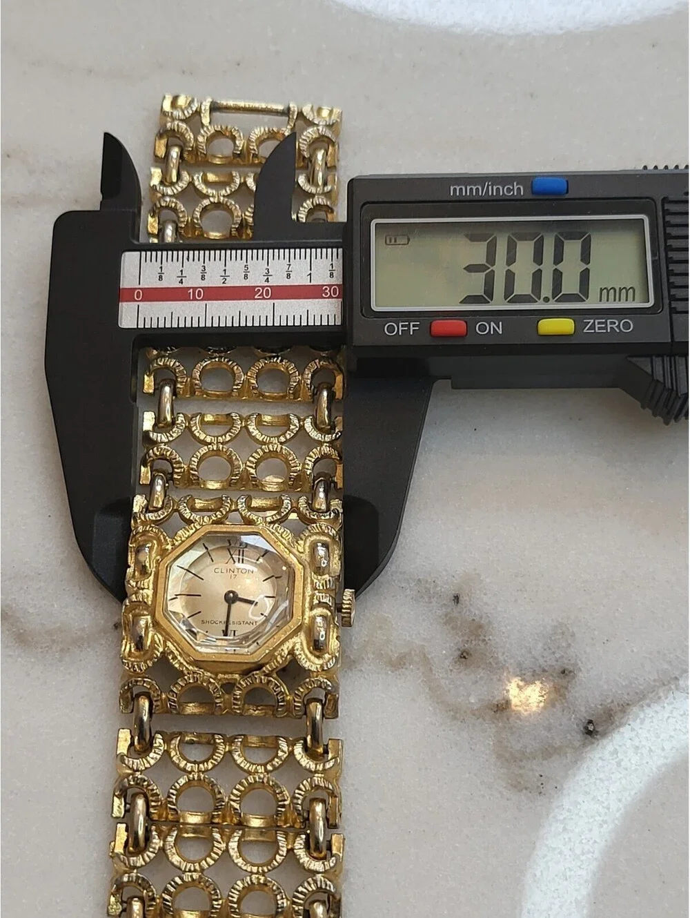 Vtg Clinton Womens Watch Goldtone Wide Bracelet Band Wind Up Works Great EUC 7